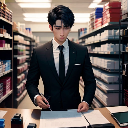 a man in a suit is looking at a piece of paper in a library with a cell phone and a pen