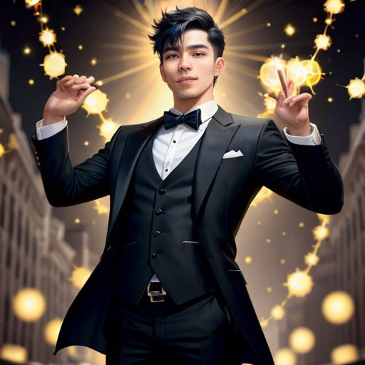 a man in a tuxedo holding up two fingers in the air with a star burst in the background