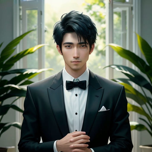 a man in a tuxedo standing in front of a window with a plant in the background and a potted plant behind him