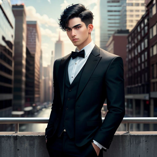 a man in a tuxedo standing on a balcony in a city with tall buildings and skyscrapers