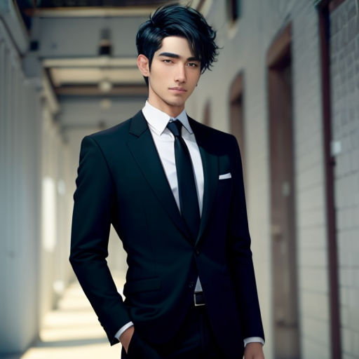 a man in a suit and tie standing in a hallway with his hands in his pockets and his hands in his pockets