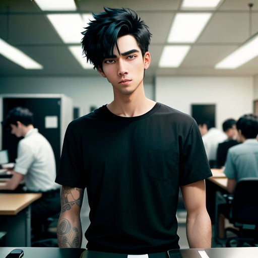 a man with a black shirt and a black shirt on in an office setting with people in the background