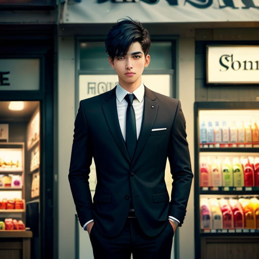a man in a suit standing in front of a store front with a bottle of juice in the background