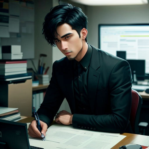 a man in a suit writing on a piece of paper in front of a laptop computer on a desk