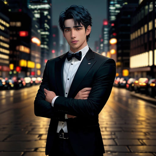 a man in a tuxedo standing in a city street at night with his arms crossed and his arms crossed