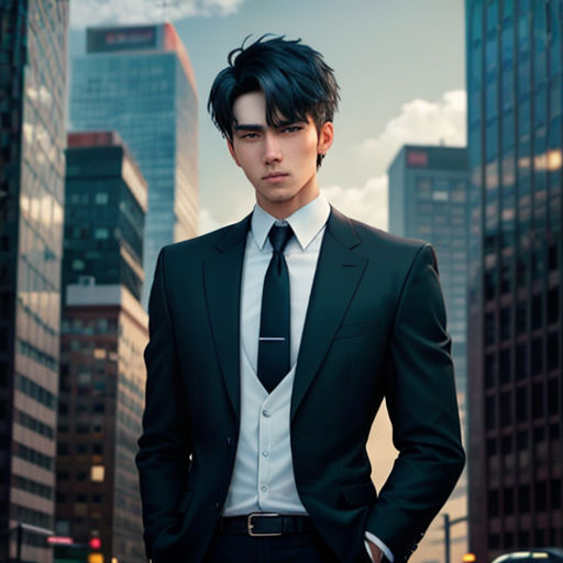 a man in a suit and tie standing in front of a cityscape with skyscrapers in the background