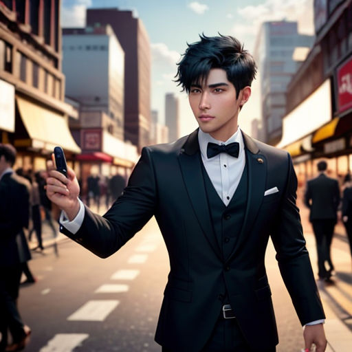 a man in a tuxedo is holding a cell phone in the street while wearing a suit and bow tie