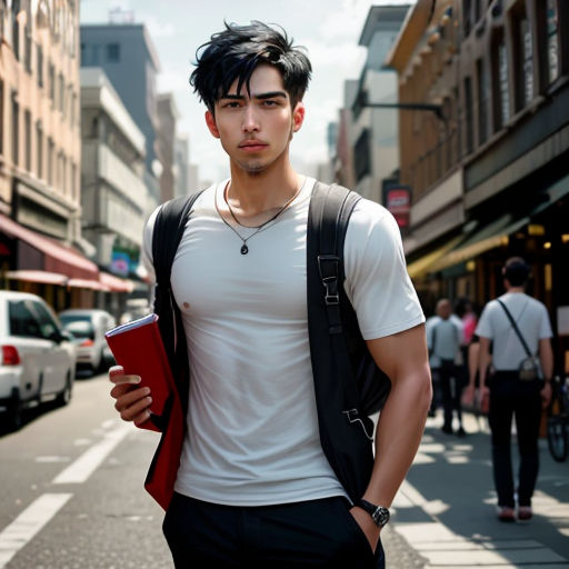 a man with a backpack and a book in his hand standing on a street corner in a city with people walking by