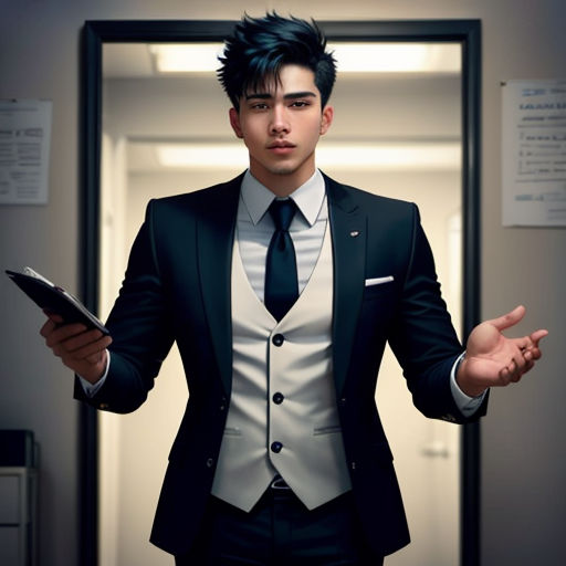 a man in a suit and tie holding a cell phone and a tablet computer in his hands while standing in a hallway