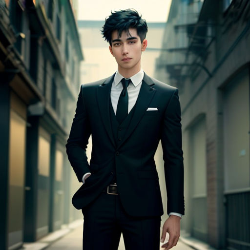 a man in a suit and tie standing in an alleyway in a city setting with buildings in the background