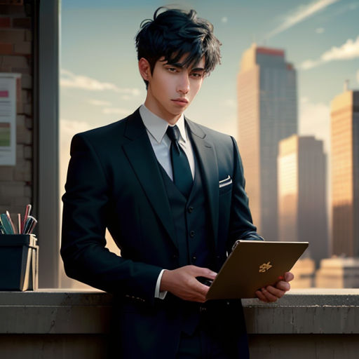 a man in a suit is holding a tablet in his hands and looking at the screen with a city in the background