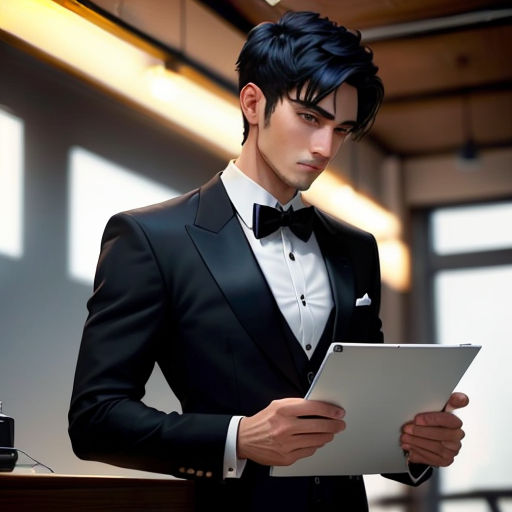 a man in a tuxedo is looking at a tablet computer screen while wearing a bow tie and a tuxedo