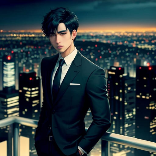 a man in a suit standing on a balcony overlooking a city at night with lights on the buildings and a cityscape in the background