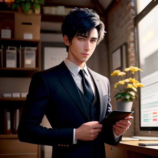 a man in a suit holding a tablet computer in front of a computer screen and a flower pot on a desk