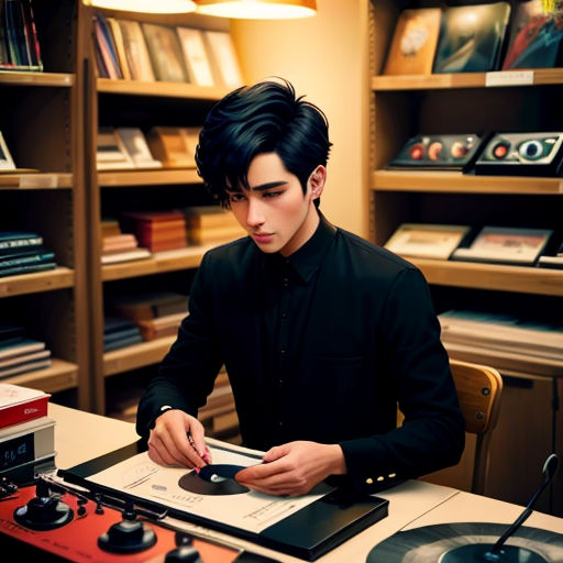 a man sitting at a table in front of a record player and record player in a record shop with record players