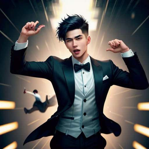 a man in a tuxedo is dancing with his hands in the air and his arms out in the air