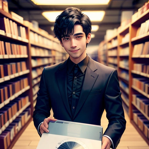 a man in a suit holding a piece of paper in a library with bookshelves behind him and a circular disk in the middle