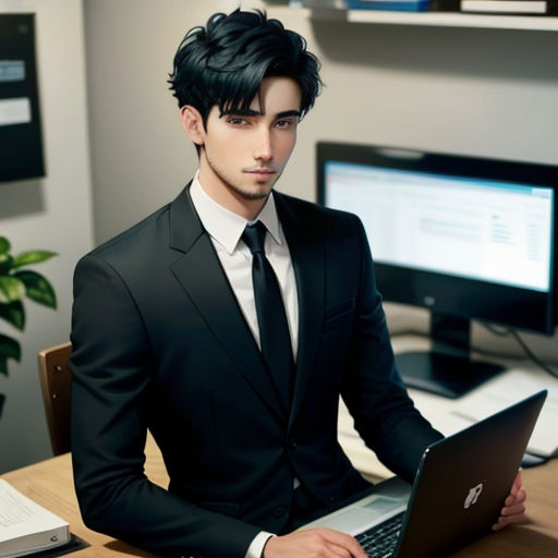 a man in a suit sitting at a desk with a laptop computer in front of him and a plant in the background