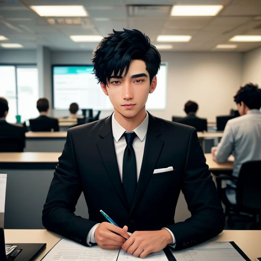 a man in a suit sitting at a desk with a pen and paper in his hand and a laptop on the desk