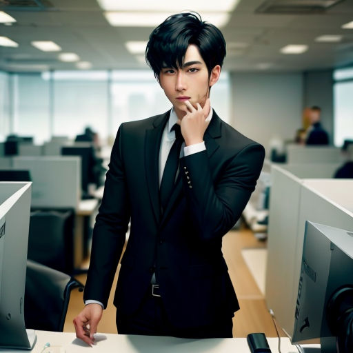 a man in a suit standing in front of a computer desk with a monitor and keyboard on it, in an office setting
