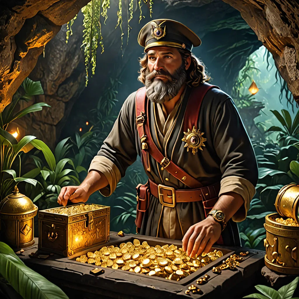 a man in a pirate costume is looking at a chest of gold coins in a cave with a lantern, fantasy art, a character portrait, David Roberts, fantasy character portrait