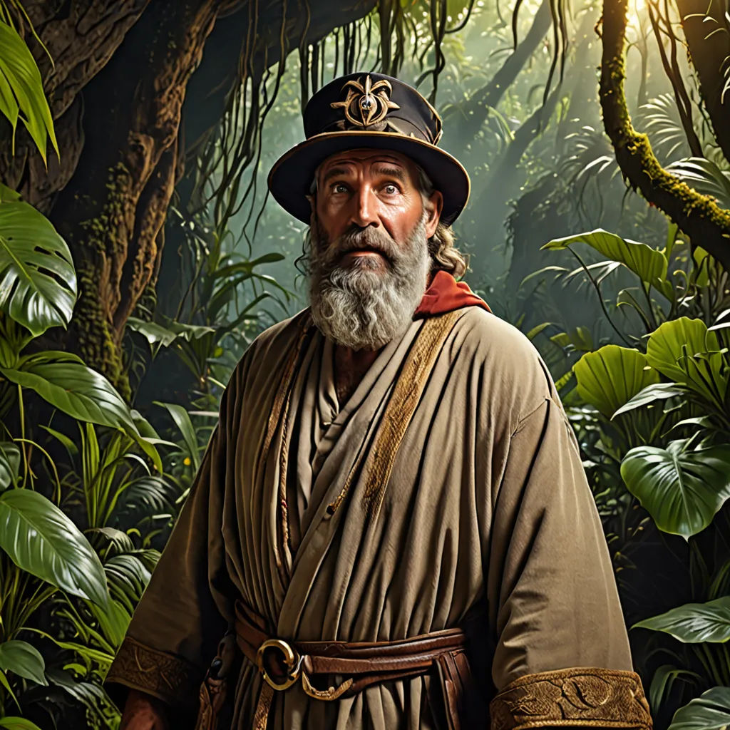a man in a hat and robe standing in a jungle with a bushy background and sunlight coming through the trees, primitivism, a character portrait, Ed Binkley, weta digital