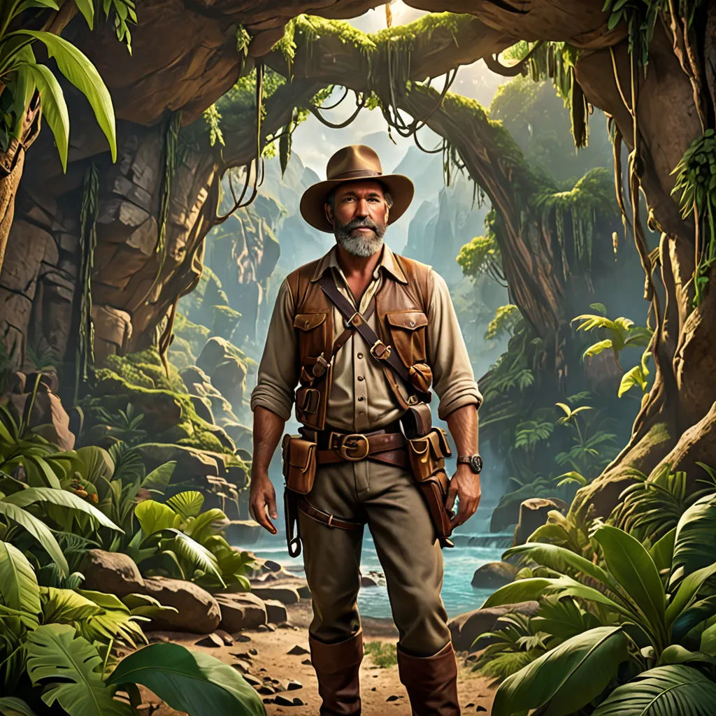 a man in a hat and a beard standing in a jungle with a river and trees in the background, photorealism, concept art, Drew Struzan, key art