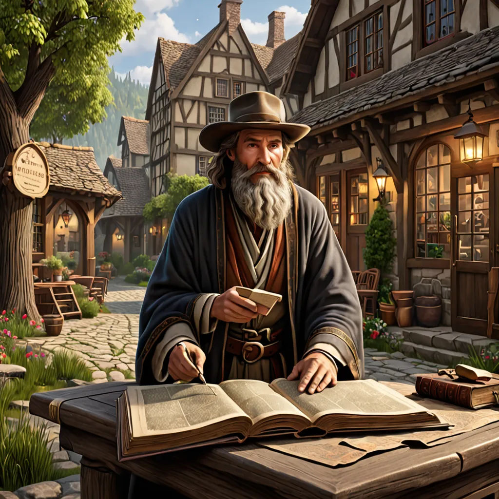 a man with a long beard and a long beard is sitting at a table with an open book and a cup of coffee, fantasy art, computer graphics, Evgeny Lushpin, fantasy artwork