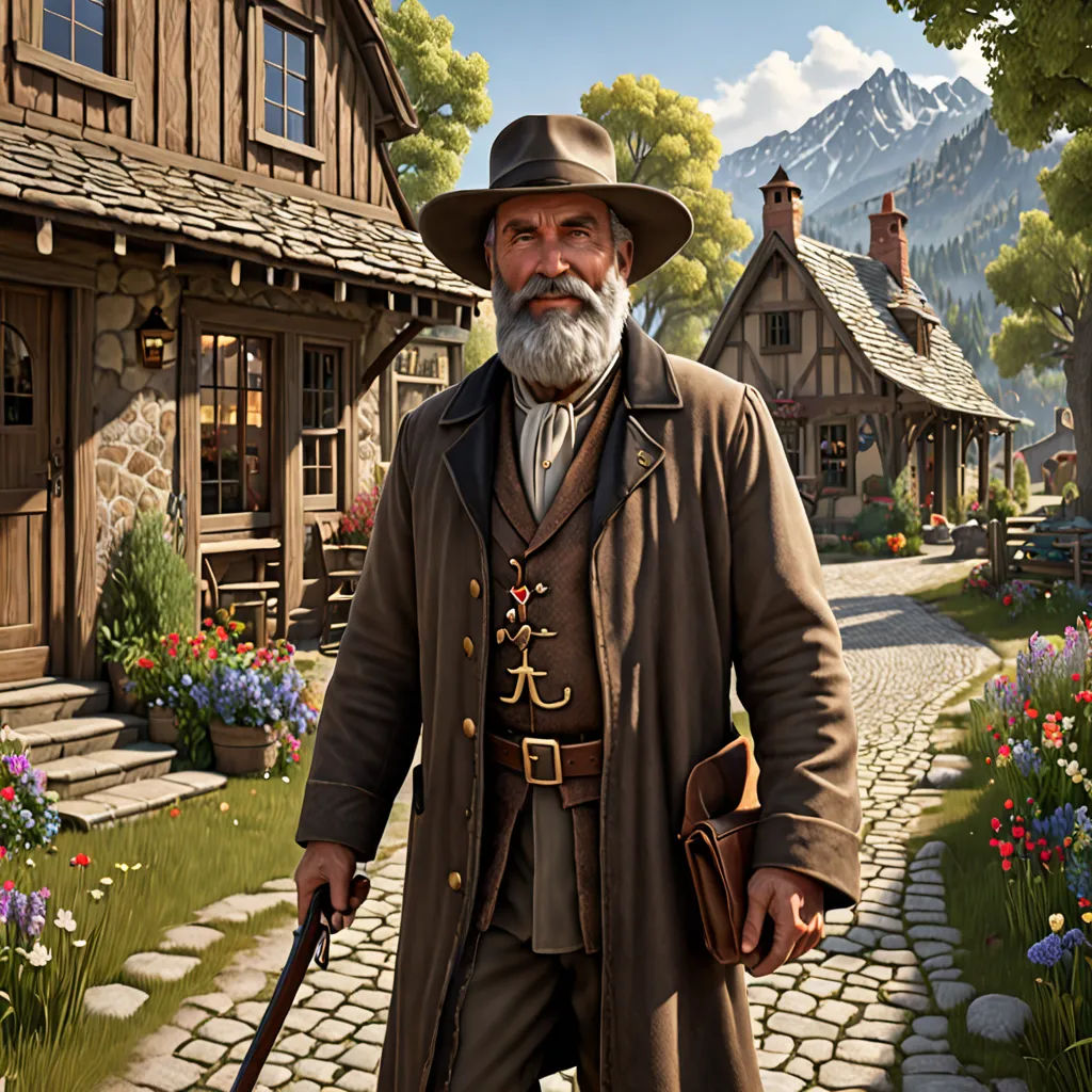 a man in a long coat and hat with a cane and cane walking down a cobblestone road, american scene painting, computer graphics, Chris LaBrooy, game art