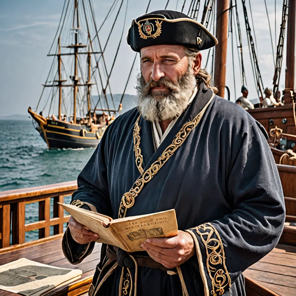 a man in a pirate costume reading a book on a boat deck with other ships in the background,, renaissance, a character portrait, Andrei Rublev, promotional image