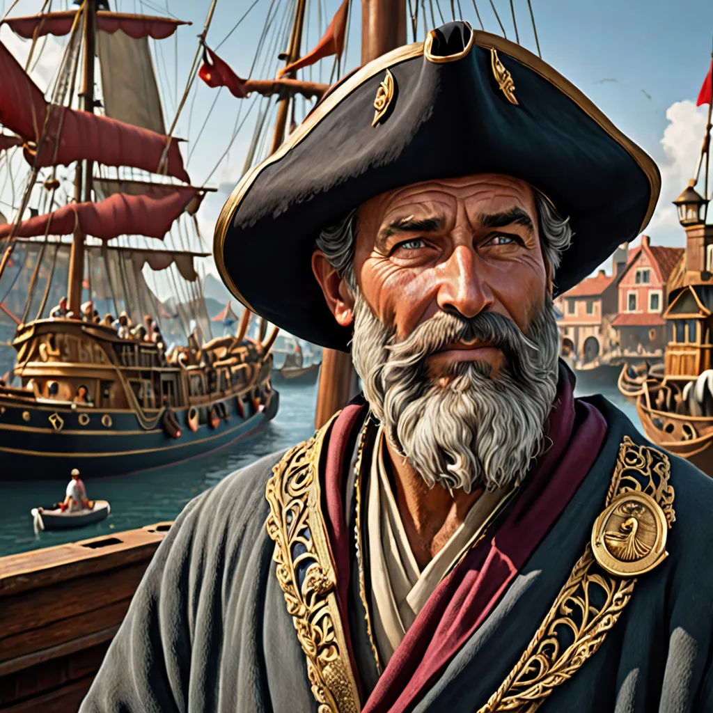 a man in a pirate costume standing next to a boat in a harbor with other ships in the background, photorealism, a detailed painting, Andrey Esionov, highly detailed digital painting