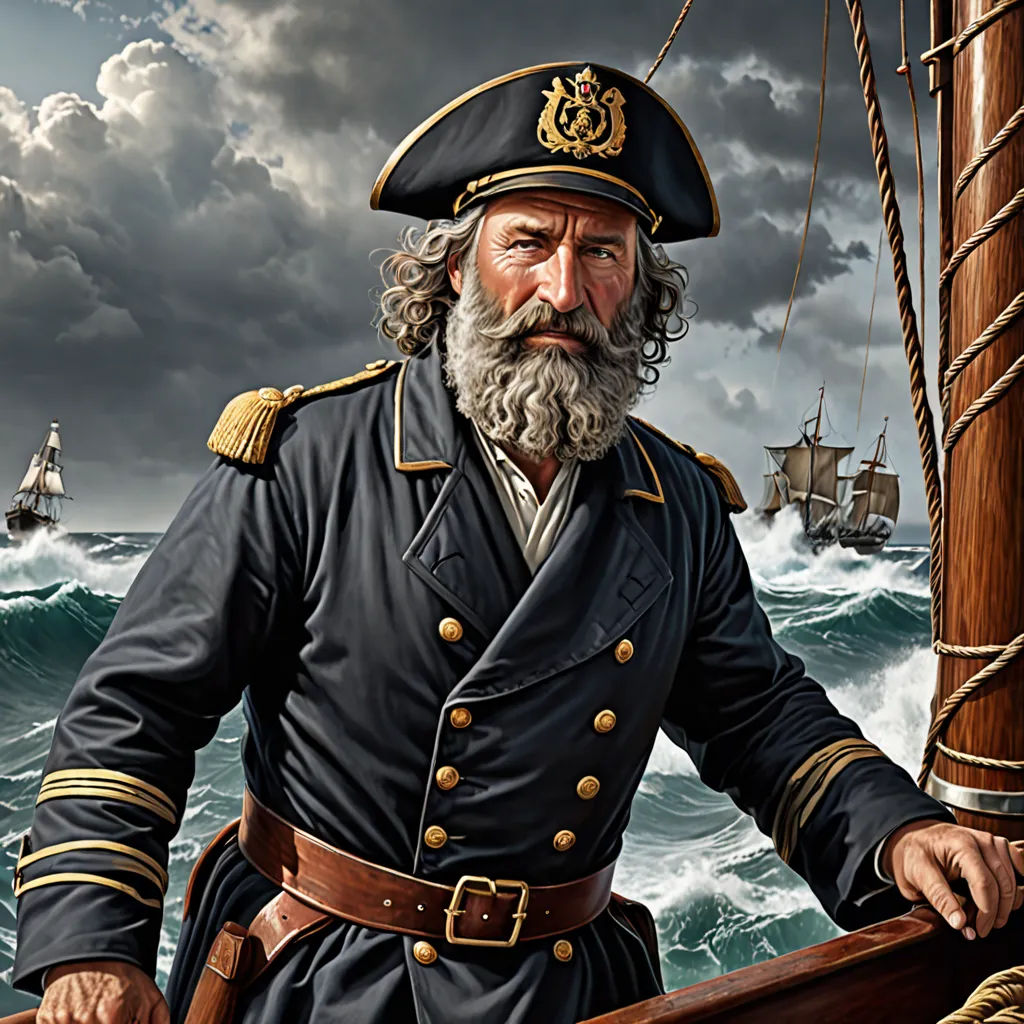 a painting of a man in a pirate costume on a boat in the ocean with a ship in the background, photorealism, a character portrait, Alejandro Burdisio, highly detailed digital painting