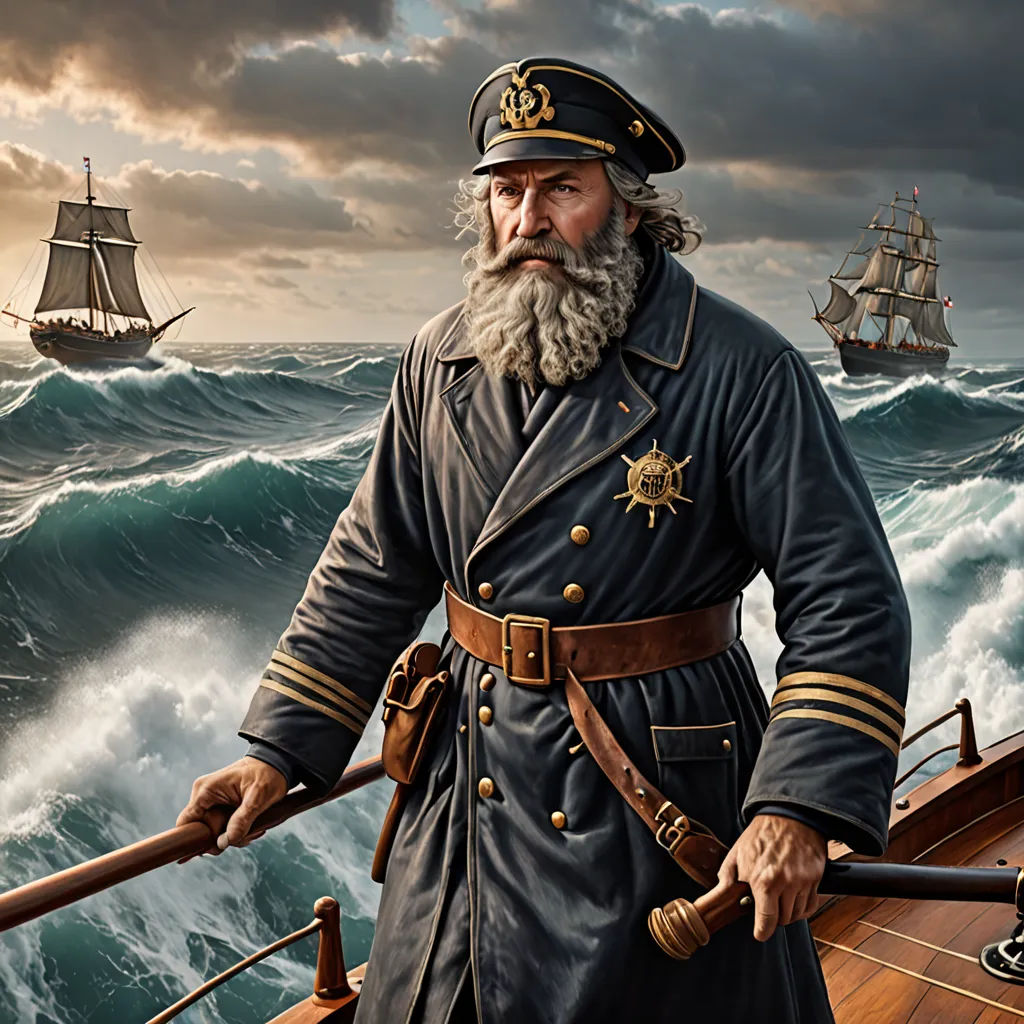a painting of a man in a uniform on a boat in the ocean with a ship in the background, american scene painting, a digital painting, Christophe Vacher, highly detailed digital painting