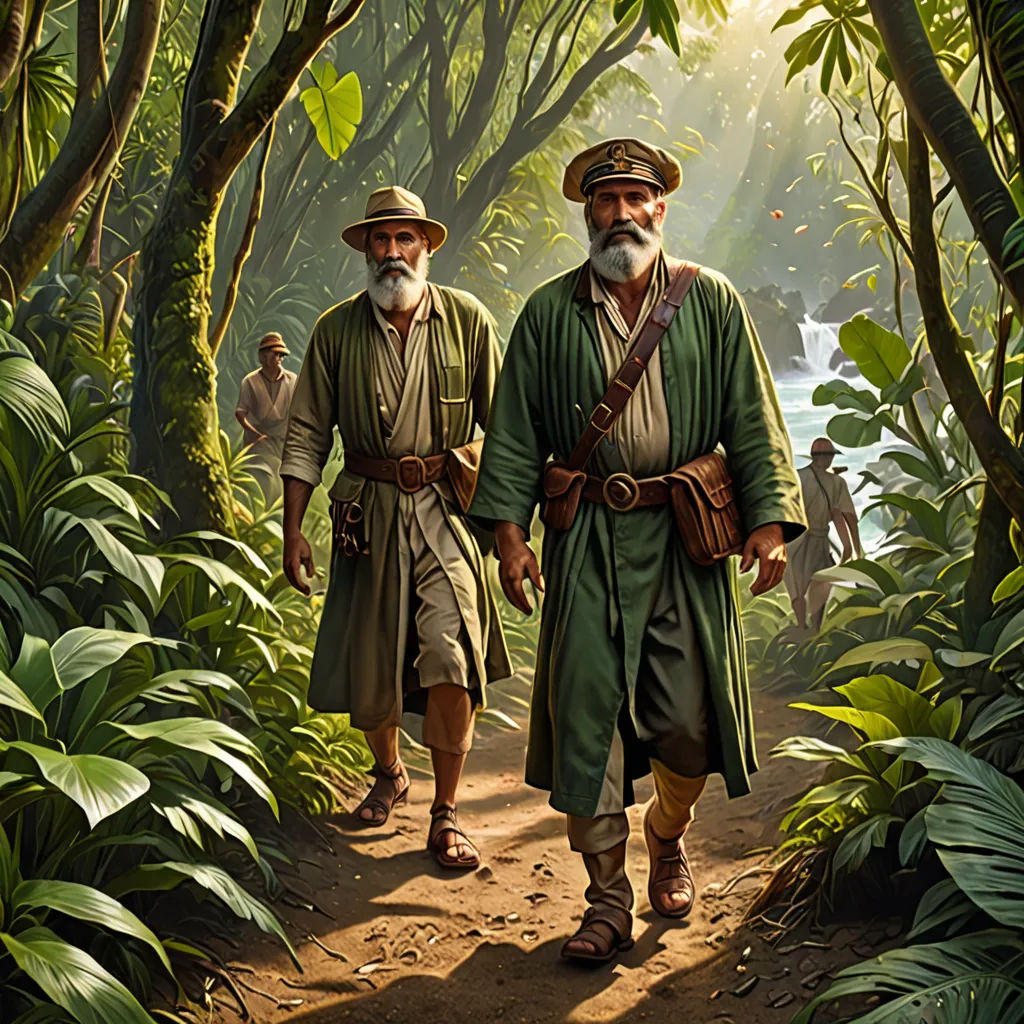 two men in green outfits walking through a forest with trees and plants on either side of them, with a river in the background, primitivism, a detailed matte painting, Drew Struzan, magic the gathering artwork