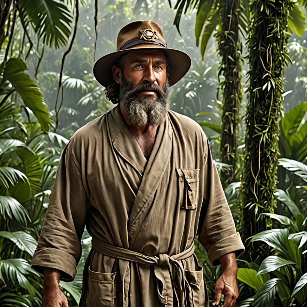 a man in a hat and robe standing in a jungle with a bushy background of trees and plants, primitivism, a character portrait, André Castro, promotional image