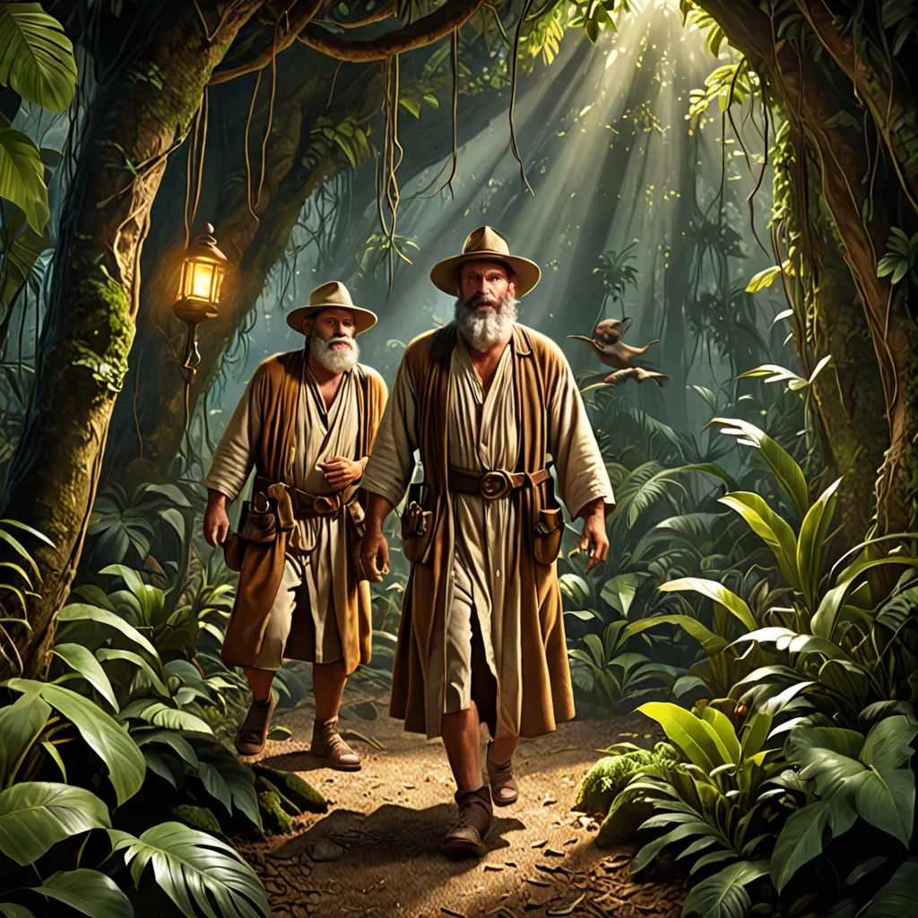 two men in a jungle with a bird in the background and a light on the ceiling above them, both wearing hats and robes, primitivism, a detailed matte painting, Drew Struzan, highly detailed digital painting