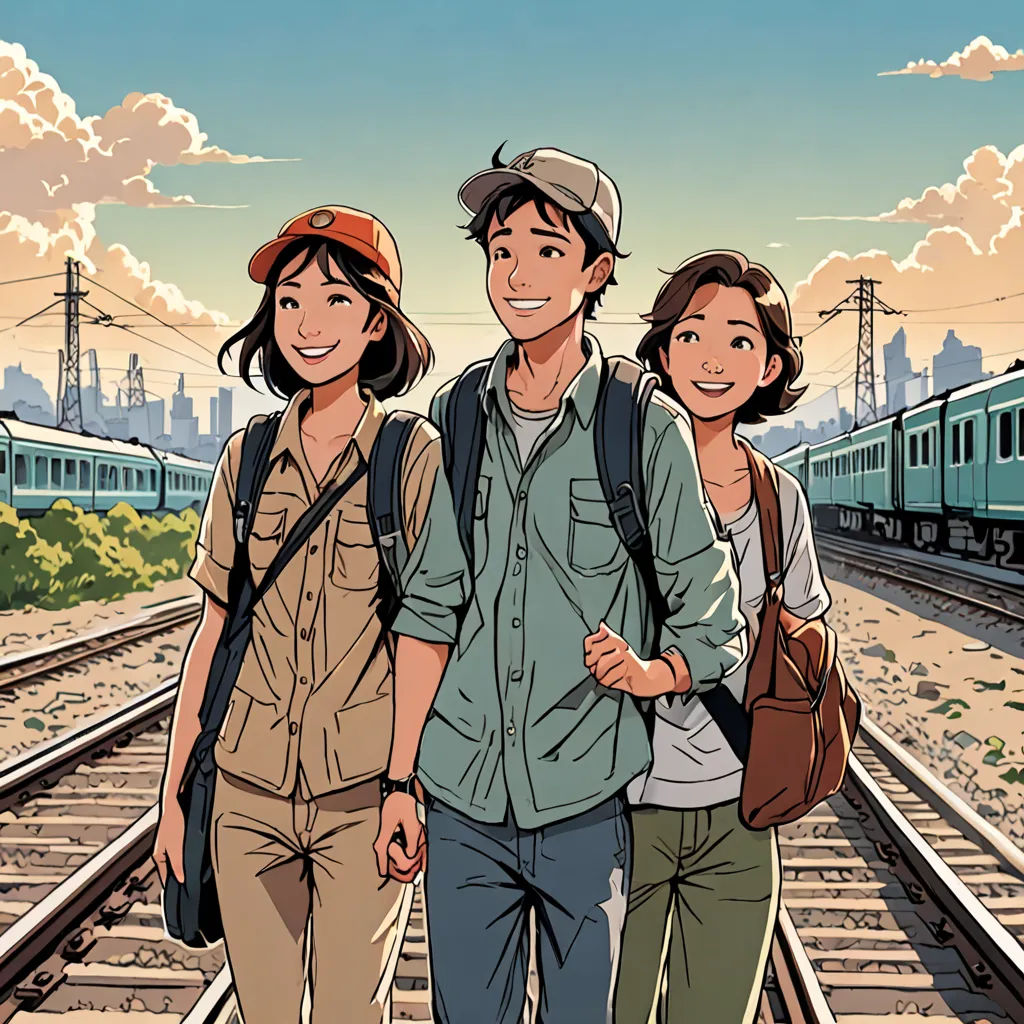 a couple of people walking down a train track next to a train station with a train on the tracks, private press, poster art, David Park, official art