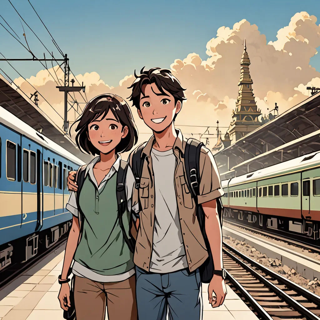 a man and a woman standing next to a train on a train track with a sky background and a train passing by, dau-al-set, poster art, David Park, official art