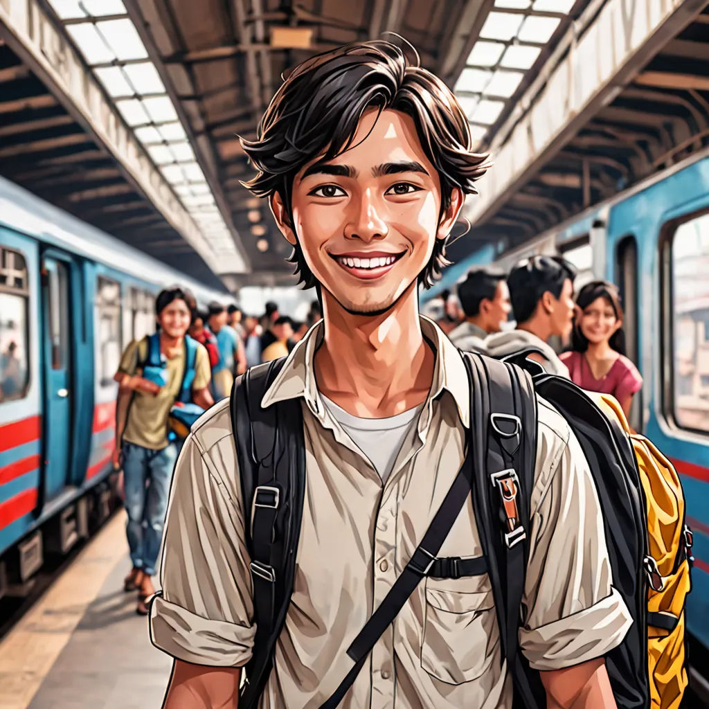 a man with a backpack standing in a train station with people walking by him and a train in the background, photorealism, a comic book panel, Eddie Mendoza, graphic novel