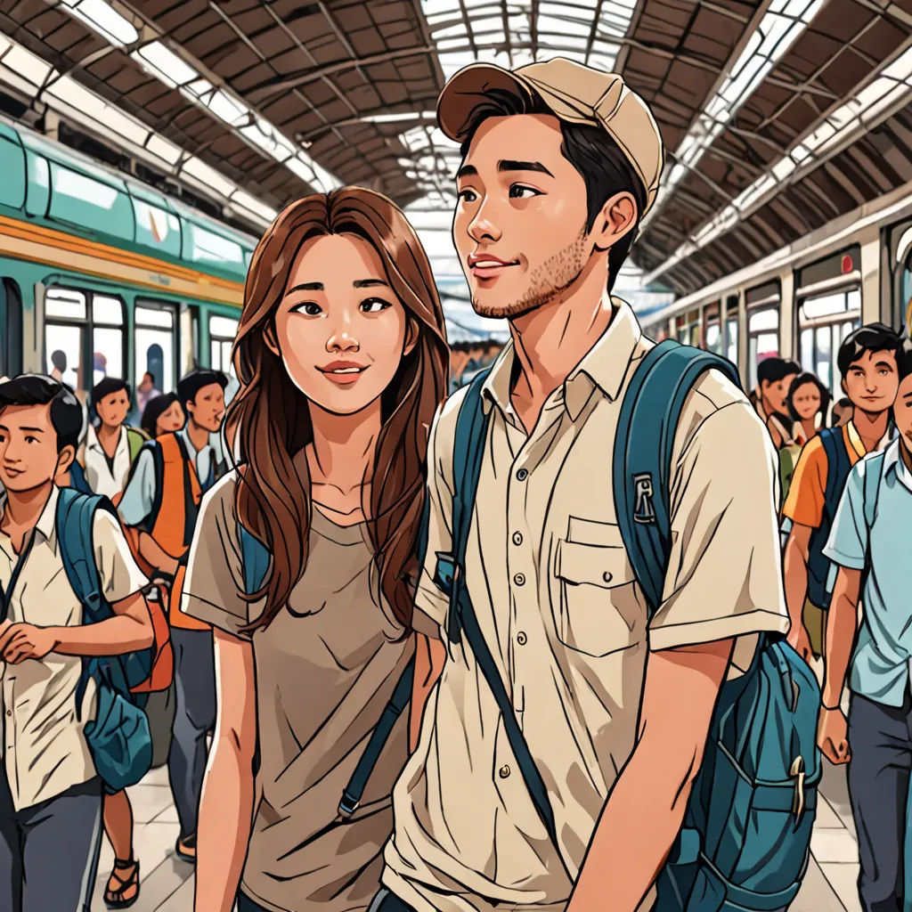 a man and woman standing in front of a train station with a crowd of people behind them, all looking at the camera, serial art, poster art, David Park, detailed illustration