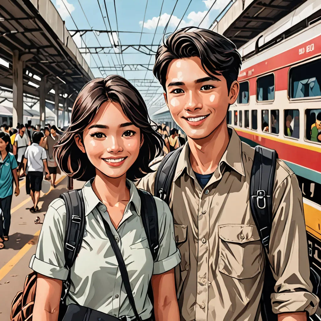 a man and woman standing next to each other in front of a train station with a train on the tracks, lyco art, a comic book panel, David Park, graphic novel