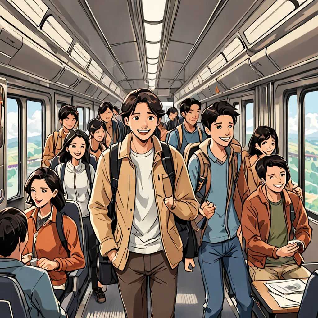 a group of people riding on a train next to each other on seats and a man in a brown jacket, underground comix, a comic book panel, Asaf Hanuka, official art