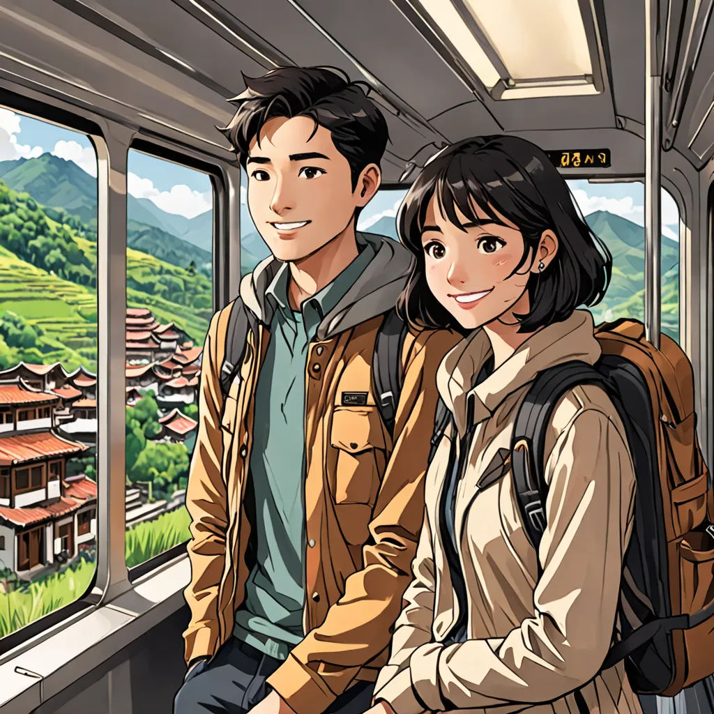 a man and a woman standing on a train looking out the window at a village and mountains in the background, regionalism, a comic book panel, David Park, official art