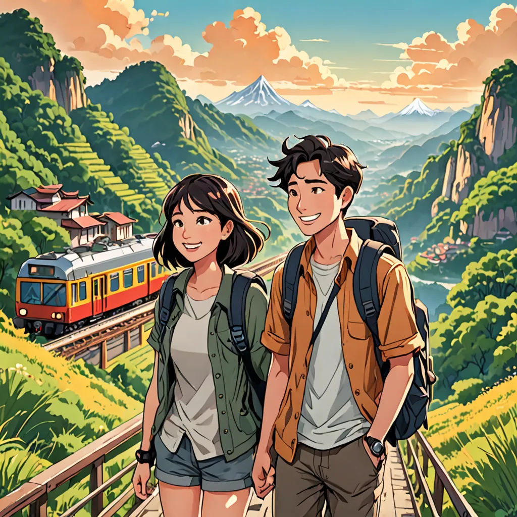 a man and a woman are standing on a bridge with a train in the background and mountains in the background, regionalism, a storybook illustration, Atey Ghailan, official art