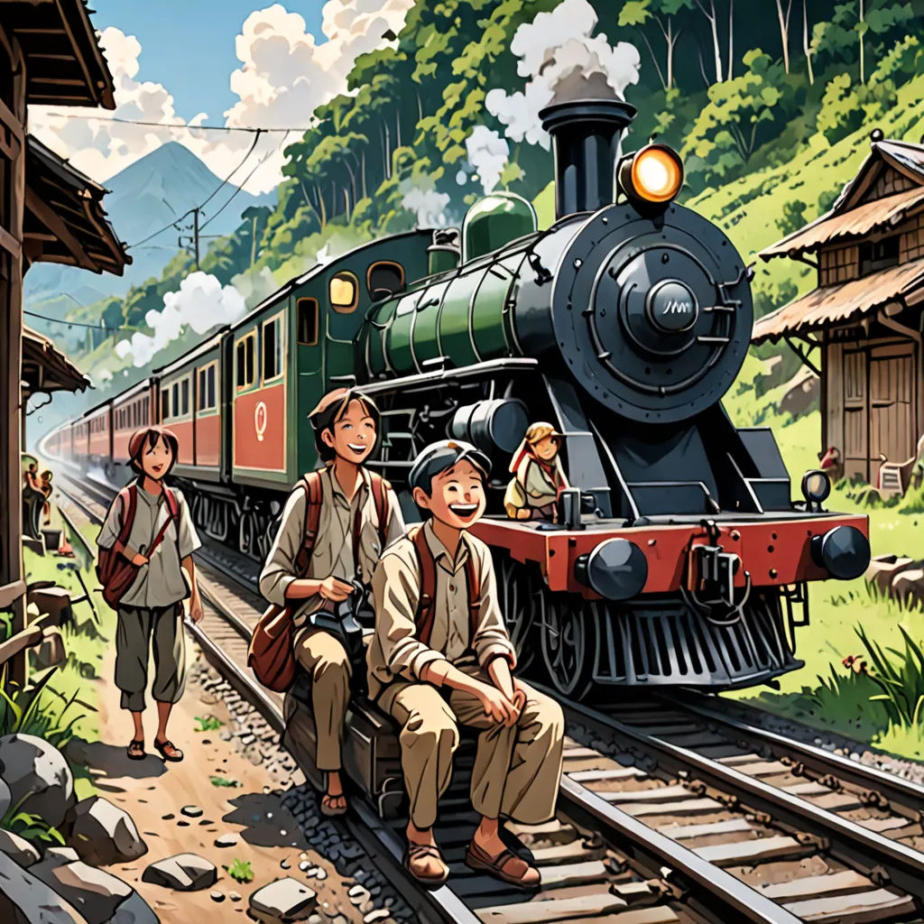 a painting of a train with people standing on the tracks next to it and a train on the tracks, fantastic realism, a storybook illustration, Chang Dai-chien, official art