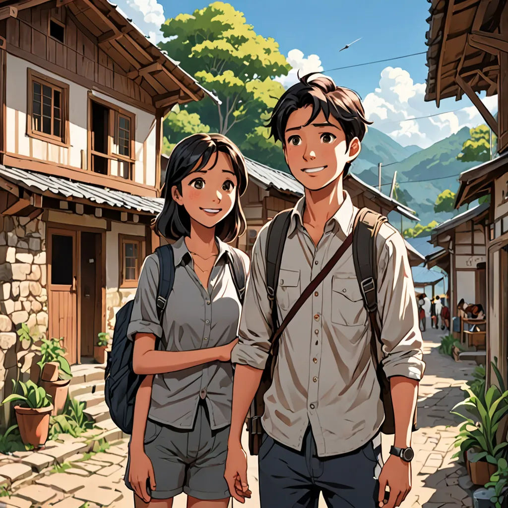 a man and a woman standing in front of a building with a mountain in the background and a sky with clouds, american scene painting, a comic book panel, Atey Ghailan, official art