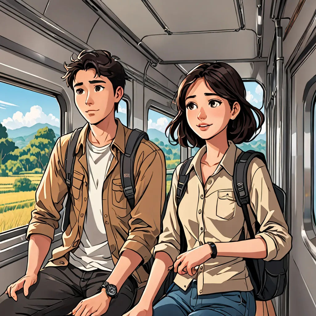a man and a woman sitting on a train looking out the window at the countryside outside of the window, serial art, a comic book panel, David Park, official art