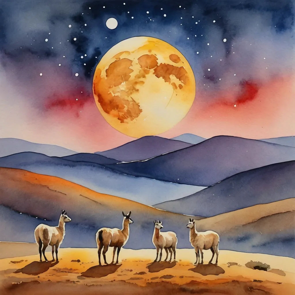 a painting of three llamas in a desert with a full moon in the background and mountains in the foreground, space art, an airbrush painting, Alison Kinnaird, watercolor