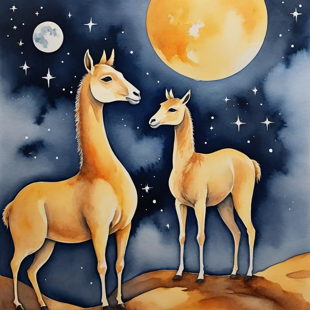 a painting of two horses standing on a hill with a full moon in the background and stars in the sky, space art, a watercolor painting, Art & Language, llustration