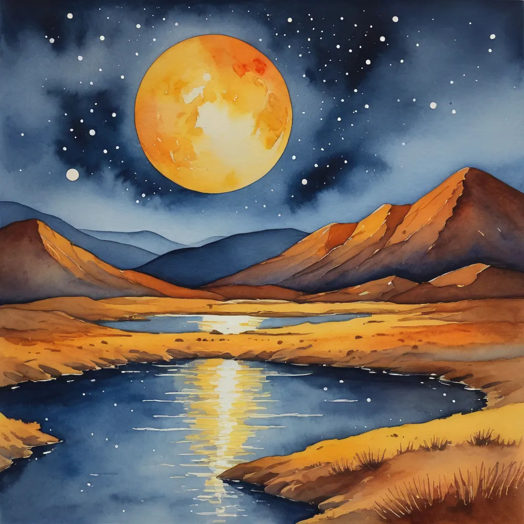 a painting of a full moon over a lake and mountains with a reflection of the moon in the water, space art, an airbrush painting, Alison Kinnaird, full moon